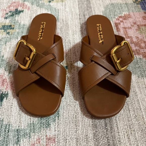 Prada Leather Buckle Crossover Sandals - Picture 1 of 8